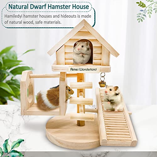 Hamiledyi Natural Dwarf Hamster House Double Decker Wooden Castle Small Animal Hideout Huts with Stair DIY Pet Living Playground Climbing Ladder Slide Training Play Toys for Syrian Mice Rats