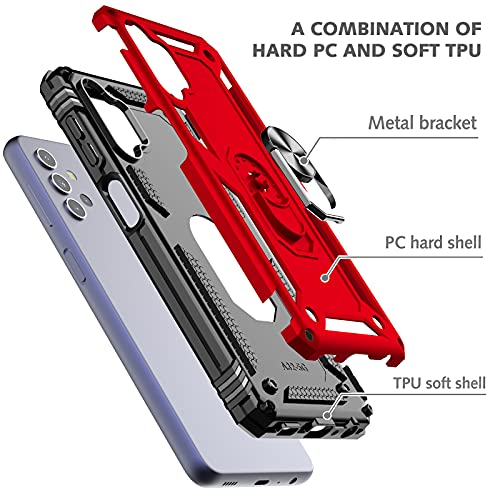 Dretal Galaxy A32 5G Case with Tempered Glass Screen Protector, Military Grade Shockproof Protective Case Cover with Rotating Holder Kickstand for Samsung Galaxy A32 5G (JS-Red)