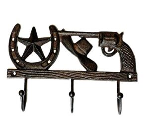 urbalabs western cast iron rustic country wall hooks coat or key holder wall hook mounted decorative for hats, coats, keys, towels, mudroom, entryway, mancave bronze (western 6 shooter star and hat)