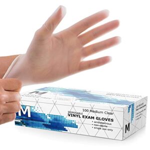 Dre Health Powder Free Disposable Gloves Medium -100 Pack -Clear Vinyl Medical Exam Gloves