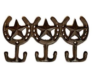 urbalabs western cast iron rustic country wall hooks coat or key holder wall hook mounted decorative for hats, coats, keys, towels, mudroom, entryway, mancave, garage bronze finish (3 horse shoe star)
