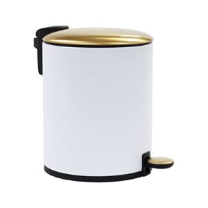 aq round metal 5 liter/1.3 gallon step trash can with removable liner & soft close lid, small garbage pedal waste bin for bathroom, bedroom or office - matte white & brushed gold