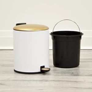 AQ Round Metal 5 Liter/1.3 Gallon Step Trash Can with Removable Liner & Soft Close Lid, Small Garbage Pedal Waste Bin for Bathroom, Bedroom or Office - Matte White & Brushed Gold