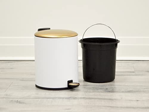 AQ Round Metal 5 Liter/1.3 Gallon Step Trash Can with Removable Liner & Soft Close Lid, Small Garbage Pedal Waste Bin for Bathroom, Bedroom or Office - Matte White & Brushed Gold