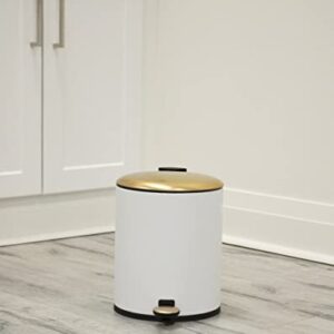 AQ Round Metal 5 Liter/1.3 Gallon Step Trash Can with Removable Liner & Soft Close Lid, Small Garbage Pedal Waste Bin for Bathroom, Bedroom or Office - Matte White & Brushed Gold