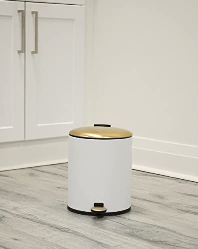 AQ Round Metal 5 Liter/1.3 Gallon Step Trash Can with Removable Liner & Soft Close Lid, Small Garbage Pedal Waste Bin for Bathroom, Bedroom or Office - Matte White & Brushed Gold