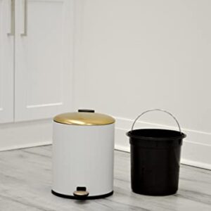 AQ Round Metal 5 Liter/1.3 Gallon Step Trash Can with Removable Liner & Soft Close Lid, Small Garbage Pedal Waste Bin for Bathroom, Bedroom or Office - Matte White & Brushed Gold