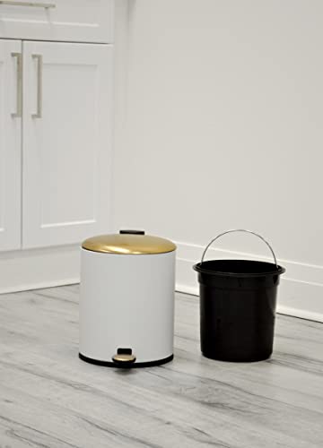 AQ Round Metal 5 Liter/1.3 Gallon Step Trash Can with Removable Liner & Soft Close Lid, Small Garbage Pedal Waste Bin for Bathroom, Bedroom or Office - Matte White & Brushed Gold