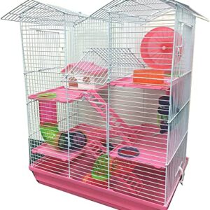 Large Twin Tower 5-Levels Crossing Level Tube Habitat Syrian Hamster Rodent Gerbil Mouse Mice Rat Wire Animal Cage (Pink, 5-Levels)