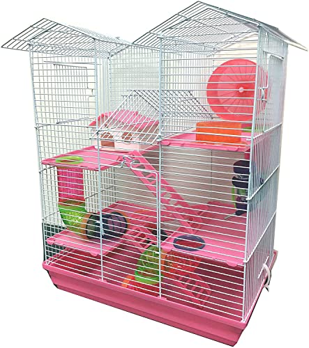 Large Twin Tower 5-Levels Crossing Level Tube Habitat Syrian Hamster Rodent Gerbil Mouse Mice Rat Wire Animal Cage (Pink, 5-Levels)