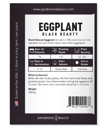 Eggplant Seeds for Planting - Black Beauty Solanum melongena is A Great Heirloom, Non-GMO Vegetable Variety- 300 mg Seeds Great for Outdoor Spring, Winter and Fall Gardening by Gardeners Basics