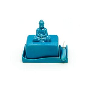 buddha ceramic butter dish tray with lid and knife by trademark innovations (blue)