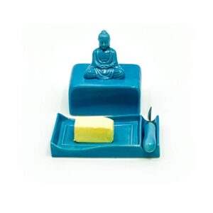 Buddha Ceramic Butter Dish Tray with Lid and Knife by Trademark Innovations (Blue)
