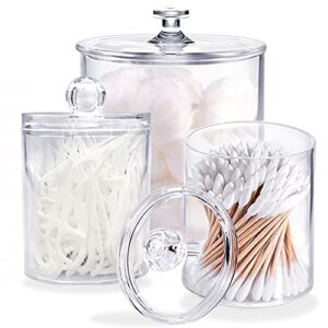 qiuttnqn 3 pack cotton swab ball pad holder with lid,clear acrylic bathroom container,makeup organizer for cotton swabs,cotton rounds,cotton ball,floss picks,bath salts and hair ties(10 oz,20 oz)