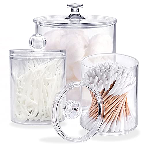 Qiuttnqn 3 Pack Cotton Swab Ball Pad Holder with Lid,Clear Acrylic Bathroom Container,Makeup Organizer for Cotton Swabs,Cotton Rounds,Cotton Ball,Floss Picks,Bath Salts and Hair Ties(10 OZ,20 OZ)