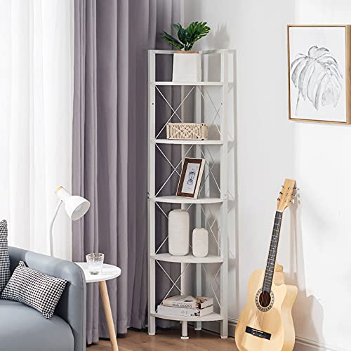 Fiona's magic 5-Tier Corner Shelf Stand, Tall Corner Bookshelf Corner Plant Stand, Corner Storage Shelves for Living Room, Home Office, Small Space, White