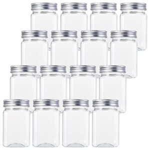 bekith 12oz clear plastic jars with lids, set of 16 airtight container for food storage, refillable square empty plastic jars for dry food, peanut butter, honey and jam storage