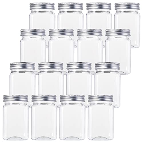 Bekith 12oz Clear Plastic Jars With Lids, Set of 16 Airtight Container for Food Storage, Refillable Square Empty Plastic Jars for Dry Food, Peanut Butter, Honey and Jam Storage