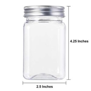 Bekith 12oz Clear Plastic Jars With Lids, Set of 16 Airtight Container for Food Storage, Refillable Square Empty Plastic Jars for Dry Food, Peanut Butter, Honey and Jam Storage