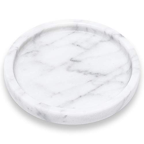 JIMEI Natural Marble Round Vanity Tray Jewelry Ring Dish Holder Fruit Serving Tray for Bathroom, Kitchen, Nightstand or Table Decoration (5.51IN (14CM))