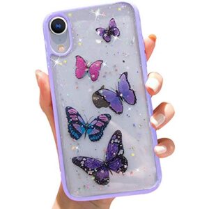 wzjgzdly butterfly bling clear case compatible with iphone xr, glitter case for women cute slim soft slip resistant protective phone case cover for iphone xr 6.1 inch - purple