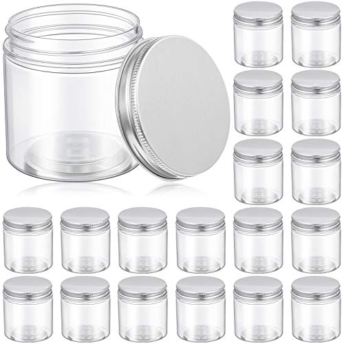 Patelai 18 Pieces 5 Oz Plastic Jars with Lids, Clear Jar Clear Storage Containers Refillable Cosmetic Jars Kitchen Storage Jars with Lids for Cosmetics Food Seasonings (Silver Lid,6.5 x 6.5 x 6.5 cm)