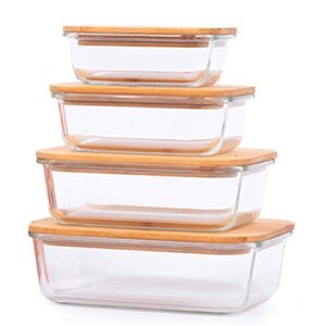 4-pack glass food storage containers with bamboo lids , meal prep ecofriendly containers with lids for kitchen, home use, safe for microwave,freezer, bpa free (370ml, 640ml, 1040ml, 1520ml)