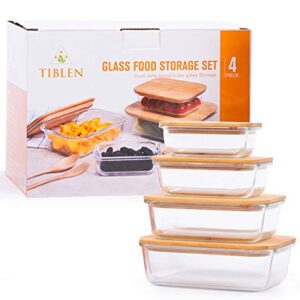 4-Pack Glass Food Storage Containers with Bamboo Lids , Meal Prep Ecofriendly Containers with Lids for Kitchen, Home Use, Safe for Microwave,Freezer, BPA Free (370mL, 640mL, 1040mL, 1520mL)
