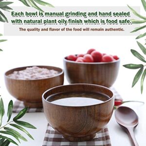 Handmade Wood Bowls, Jujube Wooden Japanese Bowls with Matching Spoon for Rice, Soup, Dip, Salad, Tea, Decoration 4 Sets (4 Bowls + 4 Spoons)