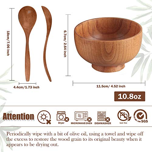 Handmade Wood Bowls, Jujube Wooden Japanese Bowls with Matching Spoon for Rice, Soup, Dip, Salad, Tea, Decoration 4 Sets (4 Bowls + 4 Spoons)