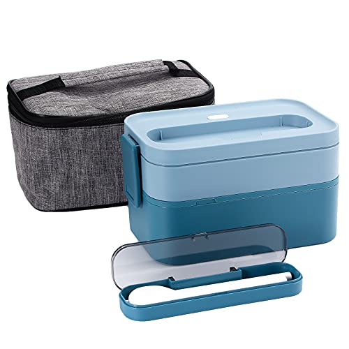 YFBXG Bento Box For Adults, Stackable Bento Lunch Container With Divider，Microwave Safe Leakproof Salad Lunch Container With Utensils & Lunch Bag(Blue)