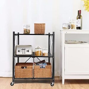 ALANNG Storage Shelves Heavy Duty on Wheels, 3 Tier Rolling Cart,Metal Shelving Units 28" W x 14" D x 35" H for Garage Kitchen Bakers, Metal Wire, Collapsible/Foldable Organizer Rack