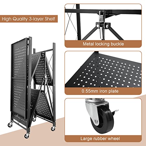 ALANNG Storage Shelves Heavy Duty on Wheels, 3 Tier Rolling Cart,Metal Shelving Units 28" W x 14" D x 35" H for Garage Kitchen Bakers, Metal Wire, Collapsible/Foldable Organizer Rack