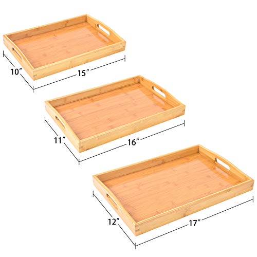 Bamboo 3 Pack Serving Tray Kitchen Food Tray with Handles Serving Platters Tray Great for Dinners Party,Tea Bar, Table Breakfast Snack