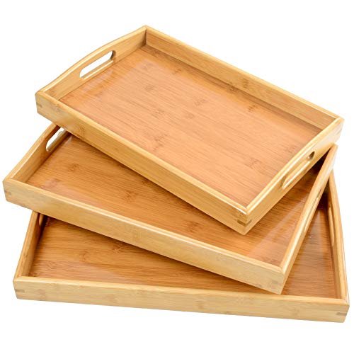 Bamboo 3 Pack Serving Tray Kitchen Food Tray with Handles Serving Platters Tray Great for Dinners Party,Tea Bar, Table Breakfast Snack