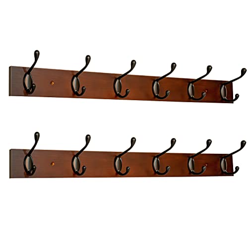 ROOREVO Coat Rack Wall Mount - 24 Inch with 6 Coat Hooks, Wall hat Hanger, Coat Racks, Walnut, Pack of 2