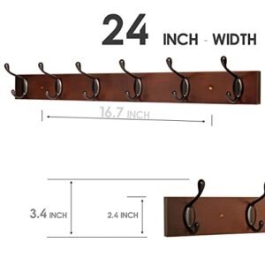 ROOREVO Coat Rack Wall Mount - 24 Inch with 6 Coat Hooks, Wall hat Hanger, Coat Racks, Walnut, Pack of 2