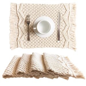 snuglife macrame placemats set of 4 - handmade cotton woven boho placemats - modern farmhouse fringe placemats for dining table, kitchen, bohemian wedding décor, rustic natural off white, 12”x18”