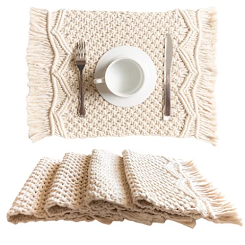 SnugLife Macrame Placemats Set of 4 - Handmade Cotton Woven Boho Placemats - Modern Farmhouse Fringe Placemats for Dining Table, Kitchen, Bohemian Wedding Décor, Rustic Natural Off White, 12”x18”