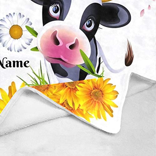 CUXWEOT Custom Blanket with Name Text Personalized Cow Sunflower Cherry Blossom Soft Fleece Throw Blanket for Gifts (50 X 60 inches)