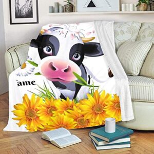 CUXWEOT Custom Blanket with Name Text Personalized Cow Sunflower Cherry Blossom Soft Fleece Throw Blanket for Gifts (50 X 60 inches)