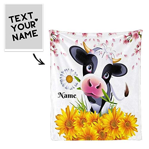 CUXWEOT Custom Blanket with Name Text Personalized Cow Sunflower Cherry Blossom Soft Fleece Throw Blanket for Gifts (50 X 60 inches)