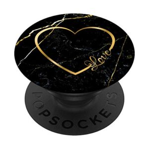 love heart gold black marble-look cute for girls women her popsockets popgrip: swappable grip for phones & tablets