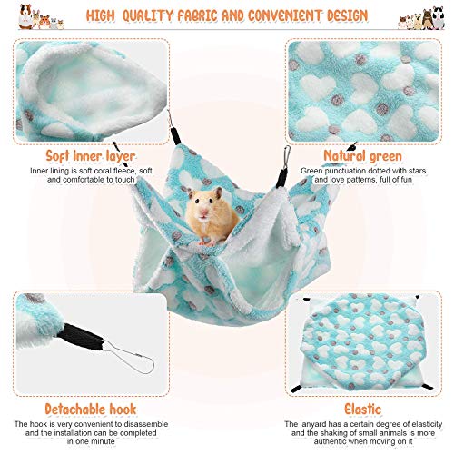 2 Pieces Small Pet Cage Hammock Hanging Tunnel for Small Animals Hanging Bed Cage Guinea Hammock Cage Accessories for Ferret Rat Chincilla Hammock Sleeper Cage Accessories Set (Green, Heart)