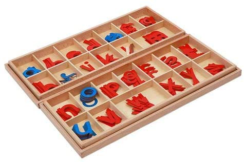 MEYOR Montessori Wooden Movable Alphabet with Box Preschool Spelling Learning Materials Large Movable Alphabet (Red & Blue)