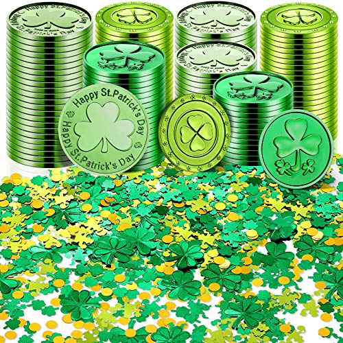 250 Pieces St. Patrick's Day Shamrock Coins 3-Leaf and 4-Leaf Lucky Coins Green and Plastic St. Patrick Confetti Green Table Confetti for St. Patrick's Day Party Decoration Supplies