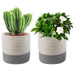 finderomend 2-pack cotton rope plant baskets cotton rope woven plant basket for indoor plants | neutral round cube organizer baskets bin for crafts, toys, towels and more (12"x12" and 10"x10")