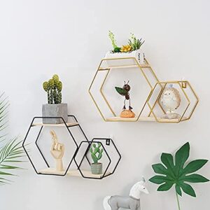 Fasyou Hexagon Floating Shelves Cute Black Honeycomb Shelves Wall Mounted Shelves with Metal Bracket Rustic Solid Wood Wall Shelves for Living Room,Bedroom,Black