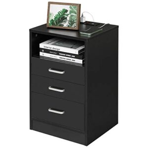 adorneve black nightstand 3 drawers with usb port,bedroom end table side table wooden sofa side stand cabinet,with sliding drawer & open storage