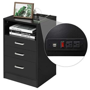 ADORNEVE Black Nightstand 3 Drawers with USB Port,Bedroom End Table Side Table Wooden Sofa Side Stand Cabinet,with Sliding Drawer & Open Storage